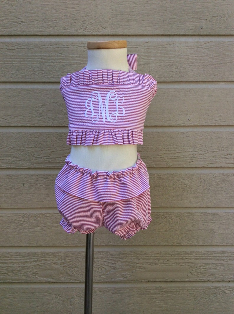 Monogram baby Toddler Girls 2 piece boutique handmade ruffle gingham swimsuit monogram bikini