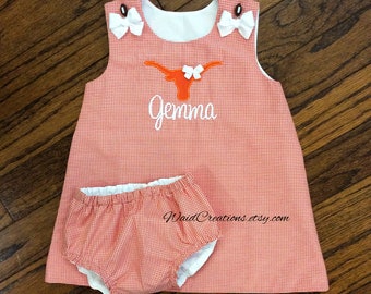 Collegiate girl dress and bloomers, college mascot bubble suit romper