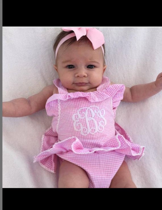 Monogram baby toddler girl swimsuit bathing suit with snaps in crotch
