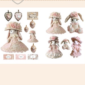 May include: A digital scrapbooking kit featuring 15 pages of images of dressed-up pink bunnies. The kit includes images of bunnies wearing dresses, hats, and other accessories. The kit is perfect for creating scrapbook pages, cards, and other crafts.