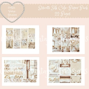 May include: A digital paper pack with 22 pages of images featuring a white and gold cafe interior. The images are arranged in a collage style. The text "Biscotti Silk Cafe - Paper Pack 22 Pages" is at the top of the image.