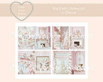 May include: A collage of six images with a pink and cream color scheme. The images feature Christmas-themed decorations, including a Christmas tree, fireplace, and teddy bears. Text at the top reads "Pink Parfait Christmas Kit 40 Postcards."