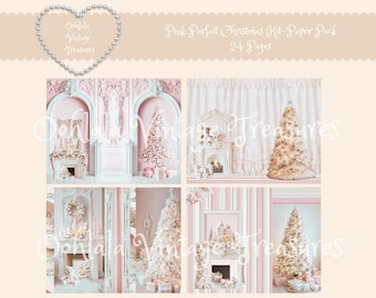 Puede incluir: Un paquete de papel digital con un tema navideño rosa. La imagen presenta múltiples escenas con árboles de Navidad rosas, chimeneas y elementos decorativos. El texto de la imagen dice "Pink Parfait Christmas Kit-Paper Pack 24 Pages."