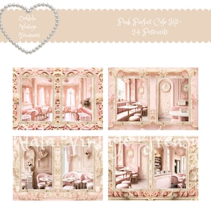 Pink Parfait Cafe Kit-Postales Collares Eduardianos, Cafeterías, Volantes, Encaje, Rosas, Torre Eiffel, Perlas