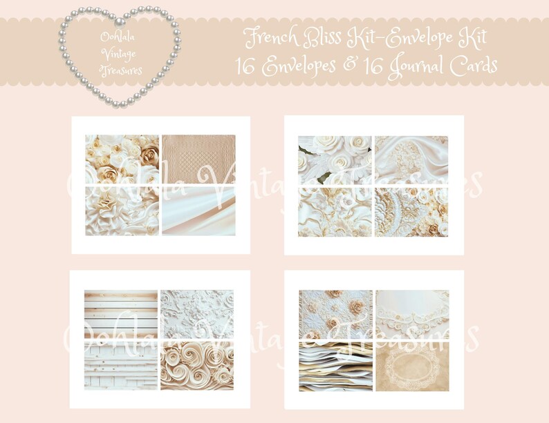Puede incluir: Un kit de collage digital con 16 sobres y 16 tarjetas de diario con un tema de inspiraci&oacute;n francesa. El collage incluye im&aacute;genes de encaje, tela y flores blancas y crema.