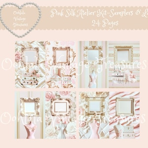 May include: A digital collage featuring a pink and cream color scheme with ornate frames, roses, and vintage-style furniture. The text "Pink Silk Atelier Kit-Samplers & Labels" and "24 Pages" is visible. The overall theme is vintage and feminine.