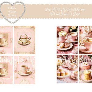May include: A digital printable kit with 14 pages of pink and white teacups, teapots, and pastries on a pink and white background. The text "Pink Parfait Cafe Kit - Ephemera Tall and Skinny 14 Pages" is at the top of the image.