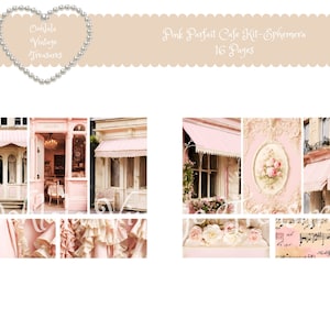 May include: A digital collage of images featuring a pink cafe with a pink awning, a pink and white floral design, and a sheet of music with the words "Pink Parfait Cafe Kit - Ephemera 16 Pages".
