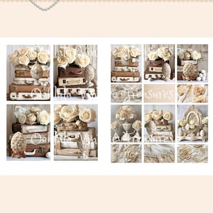 May include: A digital collage kit for a vintage mini journal with 15 pages. The collage features white roses, antique suitcases, books, and other vintage elements in a cream and brown color scheme. The title "Fabergé Vignettes Kit - Vintage Mini Journal 15 Pages" is displayed at the top of the image.