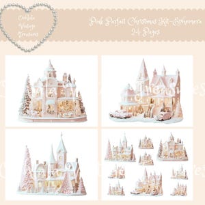Puede incluir: Una colección de efímeras navideñas rosas y blancas con casas y edificios iluminados en miniatura. La imagen incluye el texto "Pink Parfait Christmas Kit-Ephemera 24 Pages" y "OohLaLa Vintage Treasures".