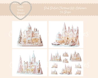 Puede incluir: Una colección de efímeras navideñas rosas y blancas con casas y edificios iluminados en miniatura. La imagen incluye el texto "Pink Parfait Christmas Kit-Ephemera 24 Pages" y "OohLaLa Vintage Treasures".