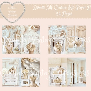 May include: A set of four digital paper backgrounds featuring a vintage, shabby chic aesthetic. The papers feature white and cream colours, with floral patterns, ornate frames, and antique furniture.
