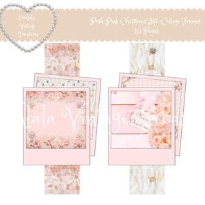 Può includere: Una collezione di cornici collage rosa con dettagli floreali e in pizzo. Le cornici presentano il testo "Merry Christmas" e "Oohlala Vintage Treasures". Il kit include 10 pagine di cornici.