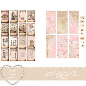 May include: A collection of vintage-style vignette photos and labels. The images feature floral arrangements, antique fashion illustrations, and decorative elements in soft pinks, creams, and browns. The text reads "Snippets To Cherish Kit Vignette Photos and Labels 12 Pages."