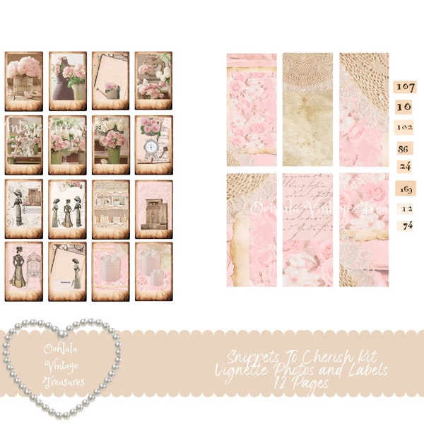 Snippets to Cherish Flower Shop Kit-Vignette Photos and Labels Roses-Vintage Dates and Numbers-Books-Word Labels-Tatting-Edwardian Ladies