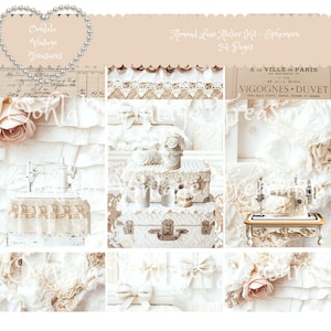 Op de afbeelding: Een collage van vintage ephemera, met een naaimachine, kant, rozen en een koffer. Het kleurenpalet is zacht, met crème-, beige- en wittinten. Tekst bevat "Oohlala Vintage Treasures" en "Almond Luxe Atelier Kit - Ephemera 24 Pages".