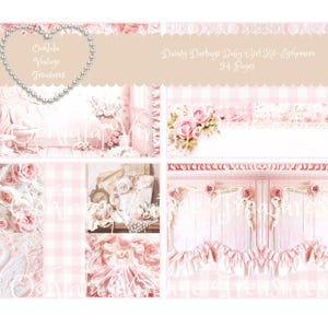 Op de afbeelding: Een digitale ephemera-set getiteld Dainty Darlings Baby Girl Kit-Ephemera 24 Pages met een collectie roze en wit gepatroonneerd papier, bloemmotieven, kanttexturen, een zwaanillustratie en een ontwerp met een parelhartframe.