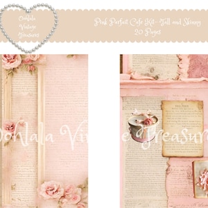 May include: Pink and white digital paper pack with a vintage aesthetic. The paper features images of roses, books, and a small box with a ribbon. The text "Pink Parfait Cafe Kit - Tall and Skinny 20 Pages" is at the top of the image.