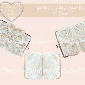 May include: Three white silk clutches with gold metal frames. The clutches are decorated with delicate floral embroidery. The clutches are open and the inside is lined with white silk. The text "Biscotti Silk Lady Elegance Kit 24 Pages" is visible at the top of the image.