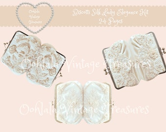 Kit Biscotti Silk Lady Elegance: Clutch, Estuches compactos, Labiales, Bolígrafos, Guantes, Damas victorianas, Rosas, Perfume, Pañuelos, Reloj de bolsillo, Libros apilados