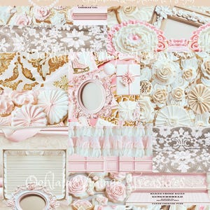 May include: A festive collage in shades of pink and white, featuring Christmas decorations and gingerbread. The image includes frames, floral patterns, and the text "Pink Parfait Christmas Kit - Gingerbread Lane Advent (24 Pages)" and "Oohla Vintage Treasures".