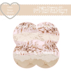 May include: Three round, layered fabric embellishments with a pink and white color scheme. The embellishments are made of lace, ruffles, and fabric with a quilted texture. The text "Oohlala Vintage Treasures" is visible on the embellishments.