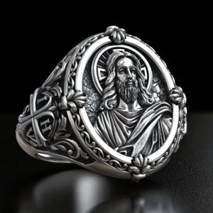 Sterling Silver Jesus Christ Signet Ring, IHS Christian Cross Statement, Religious Catholic Jewelry, Sacred Gift for Him, Faith Symbol