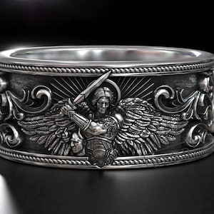 Sterling Silver Saint Michael Archangel Ring,Sword and Demon Head Christian Band, Spiritual Protection Jewelry, Gift for Him,Artisan Crafted