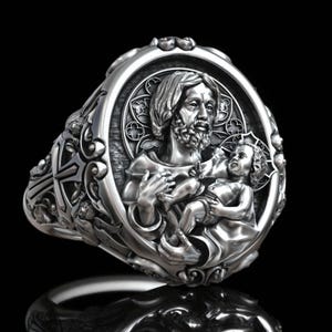 Sterling Silver Saint Joseph and Baby Jesus Ring, Angel Gothic Cross Christian Signet, Religious Faith Jewelry, Sacred Gift for Him, Artisan