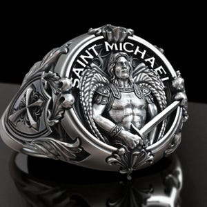 Sterling Silver Saint Michael Archangel Ring, Shield Sword Symbol Christian Signet, Guardian Angel Religious Jewelry, Gift for Him
