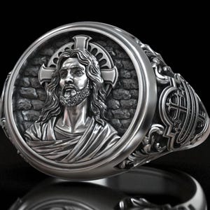 Sterling Silver Jesus Christ Christogram Ring, Sacred Cross Symbol Christian Signet, Religious Faith Jewelry, Gift for Him, Artisan Crafted