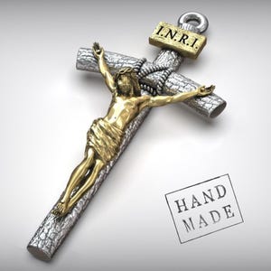 INRI Anhänger Halskette, Jesus Kruzifix katholisches Kreuz, Sterlingsilber, Gold Detail, handgefertigter Holzstil, Glaube Schmuck Geschenk
