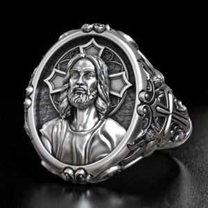 Sterling Silver Jesus Christ Gothic Cross Ring, Angel Christian Signet, Sacred Religious Jewelry, Faith Statement Gift for Him, Artisan