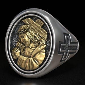 Sterling Silver Jesus Christ Cross Ring, Crown of Thorns Religious Signet,Christian Statement Jewelry, Faith Gift for Him,Handcrafted Symbol