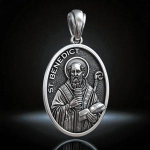 St. Benedict Oval Medallion Pendant, Detailed Relief Monk with Book and Chalice, Spiritual Protection Medal, Christian Faith Jewelry, Gift