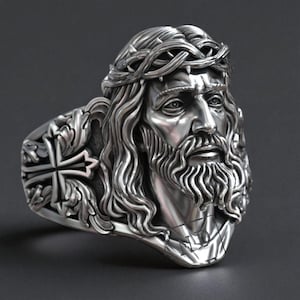 Anillo de Jesús con Corona de Espinas, Anillo Gótico de Fe, Plata de Ley, Joyería Espiritual, Regalo Cristiano, Accesorio Religioso Hecho a Mano