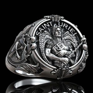 Sterling Silber Erzengel Uriel Ring, Schwert Kreuz Schild Christian Siegel, Schutzengel Religiöser Schmuck, Glaube Geschenk für ihn, Handwerker