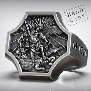 Krieger Engel St. Michael Ring, Glaube Ring, katholischer Schmuck, spirituelles Schutzband, handgemachtes christliches Siegel, Erzengel Geschenk