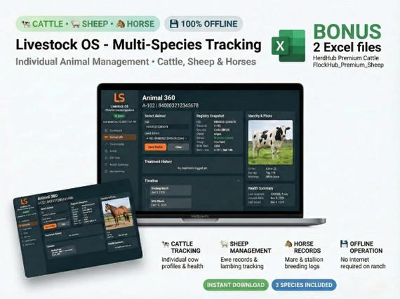Cattle Record Keeping Excel + Offline Livestock Tracker App | Sheep Horse Herd Management | Ranch Management