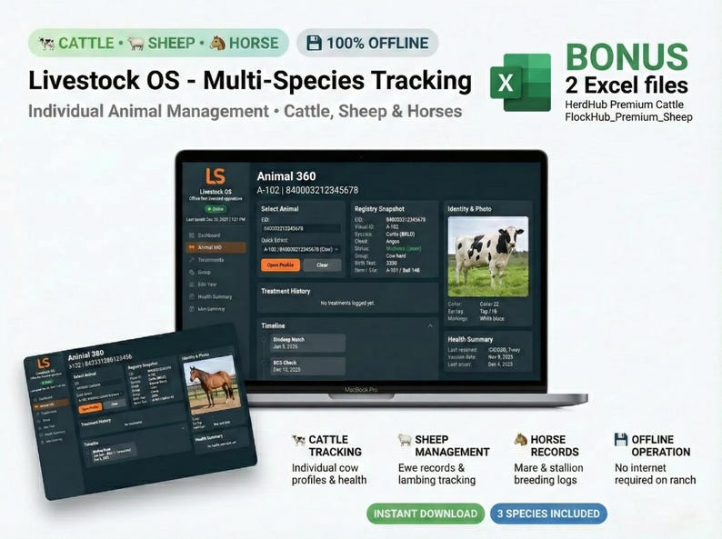 Cattle Record Keeping Excel + Offline Livestock Tracker App | Sheep Horse Herd Management | Ranch Management image 1