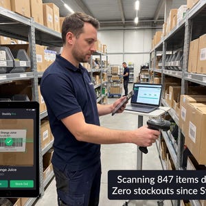 May include: Warehouse worker scanning inventory with a handheld scanner, tablet, and laptop. The tablet displays "Fresh Orange Juice" with a barcode. Text on the image reads "Scanning 847 items daily | Zero stockouts since Stockly."