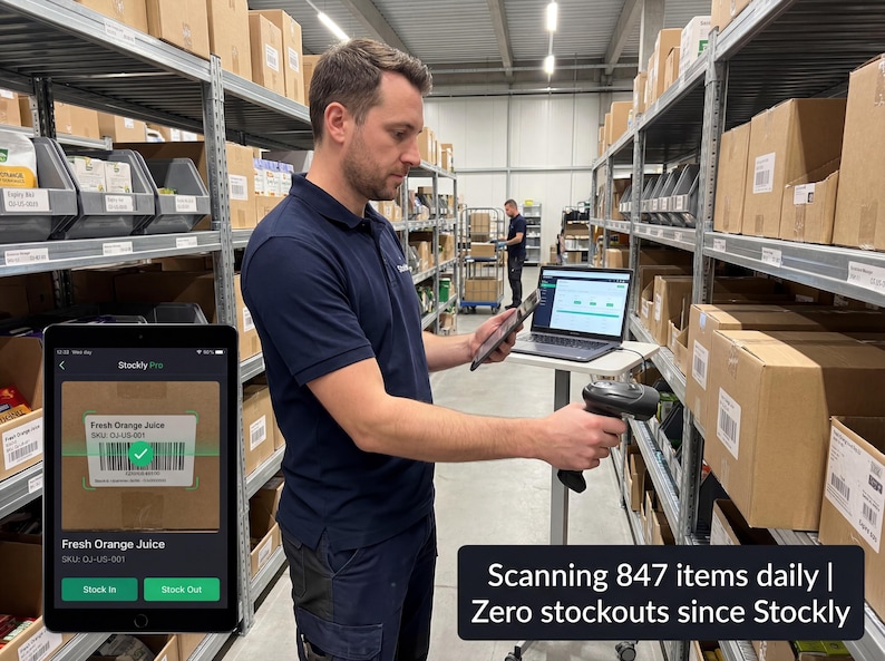 May include: Warehouse worker scanning inventory with a handheld scanner, tablet, and laptop. The tablet displays "Fresh Orange Juice" with a barcode. Text on the image reads "Scanning 847 items daily | Zero stockouts since Stockly."