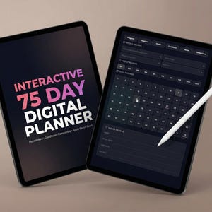Puede incluir: Dos tabletas negras que muestran un planificador digital. Una tableta muestra el texto "INTERACTIVE 75 DAY DIGITAL PLANNER" en blanco, rosa y morado. La otra muestra un diseño de calendario con un lápiz óptico blanco.