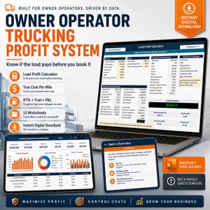 Op de afbeelding: Een digitaal winstberekeningssysteem voor vrachtwagenchauffeurs weergegeven op een laptop- en tabletscherm. De interface bevat een vrachtwinstcalculator, financiële dashboards en werkbladen ontworpen voor Microsoft Excel 365.