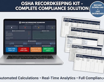 May include: A laptop displaying an OSHA Recordkeeping Dashboard with data fields and navigation buttons. Accompanying the laptop are several forms, including OSHA 300 Log and Compliance Checklist. The text reads: OSHA Recordkeeping Kit - Complete Compliance Solution.