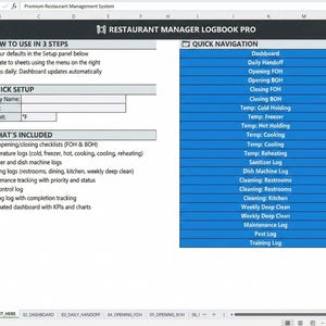 Restaurant Manager Daily Logbook | Food Safety + Operations Excel & Printable PDF