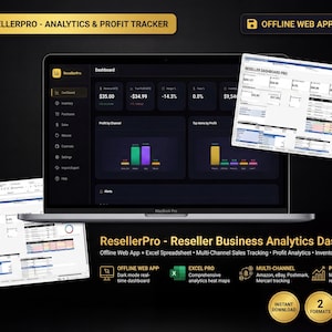May include: A laptop screen displays the ResellerPro dashboard with analytics and profit tracking data. The image includes charts, graphs, and financial metrics. Additional documents with data are also visible. The product is described as an offline web app and Excel spreadsheet.