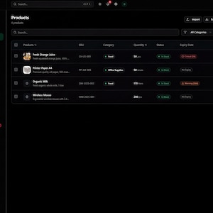 May include: A dark-themed inventory management interface displays product information. The screen shows a list of products, including Fresh Orange Juice, Printer Paper A4, Organic Milk, and a Wireless Mouse, with details like quantity and status.