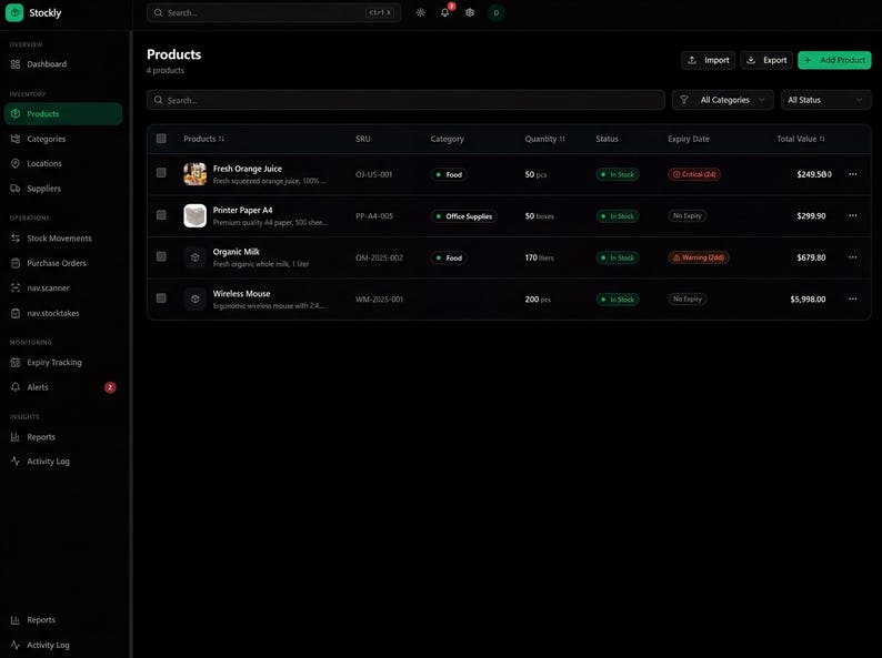 May include: A dark-themed inventory management interface displays product information. The screen shows a list of products, including Fresh Orange Juice, Printer Paper A4, Organic Milk, and a Wireless Mouse, with details like quantity and status.