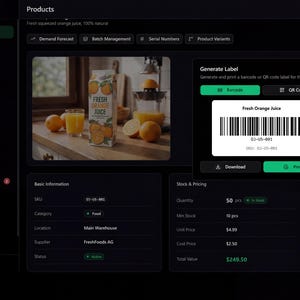 May include: A product management interface displays a carton of "Fresh Orange Juice" with oranges and a glass of juice. A barcode label is generated for the product. The interface shows product details, including SKU, category, and quantity.